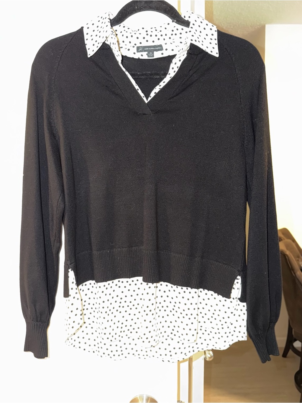 NWOT Adrianna Papell 2-fer Black V-Neck Sweater with Polka Dot Collar
